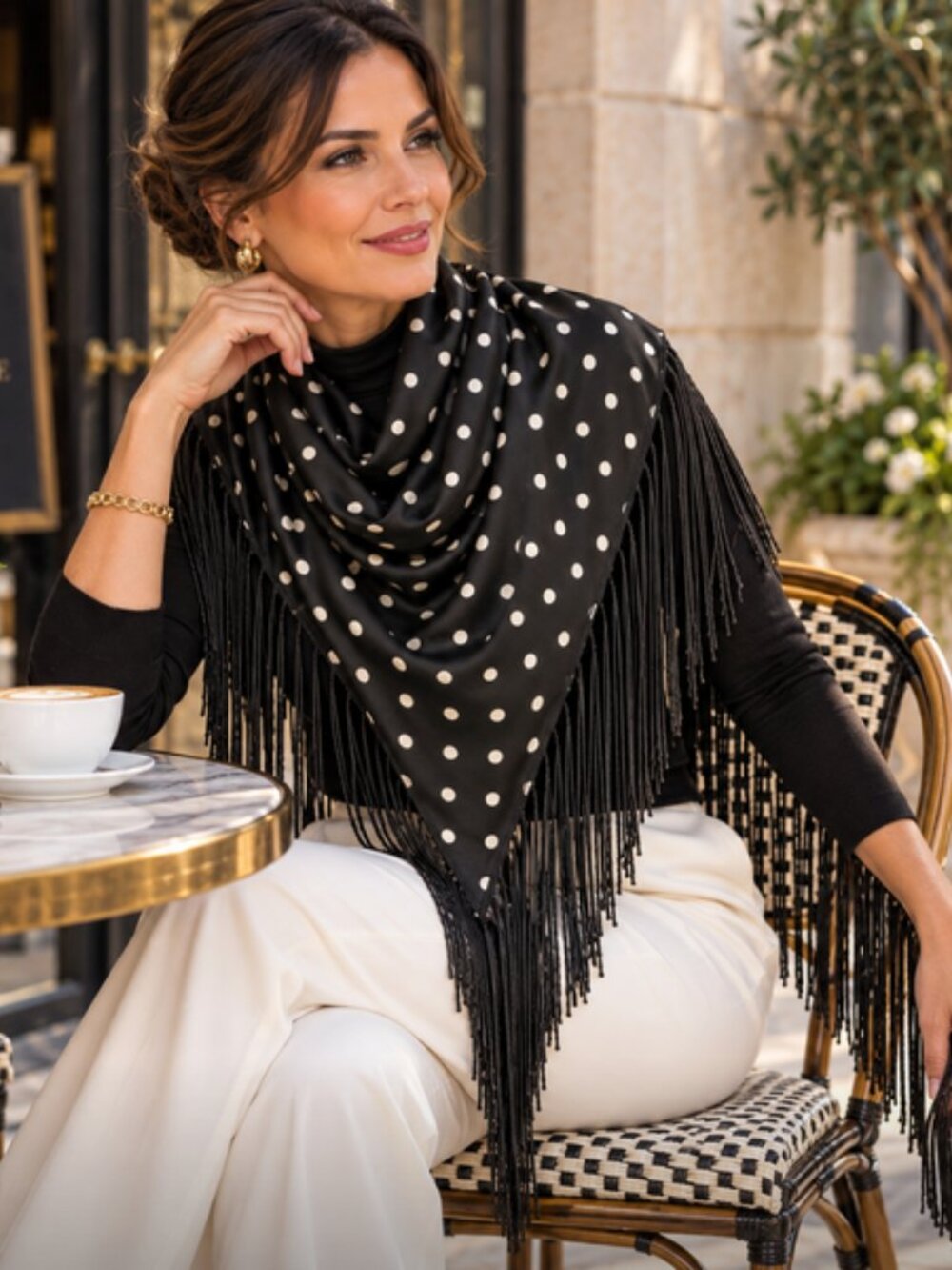 Black Polka Dot Triangle Shawl Scarf 8" Fringe 62x27 Boho Evening Wrap